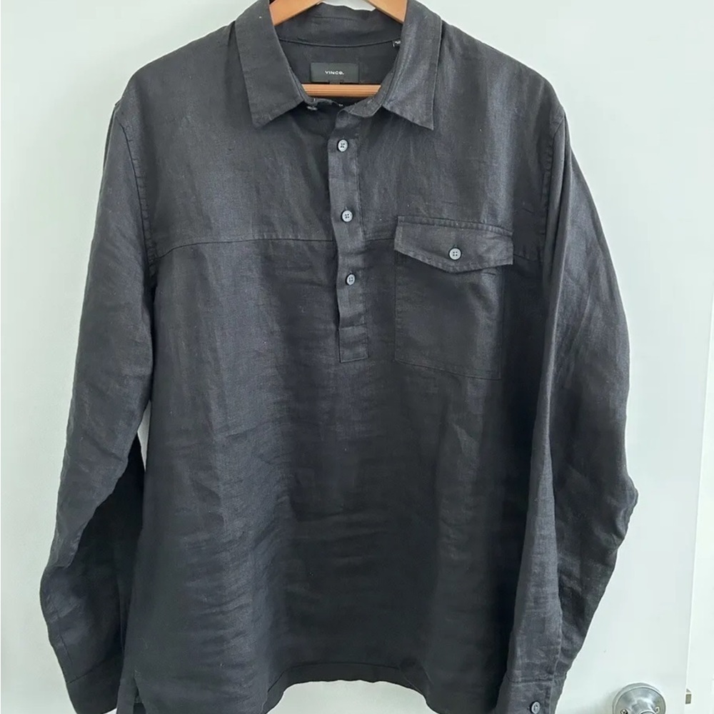 Vince Mens Linen Popover Black Long Sleeve Button Shirt Sz. Large SOLD OUT.‌